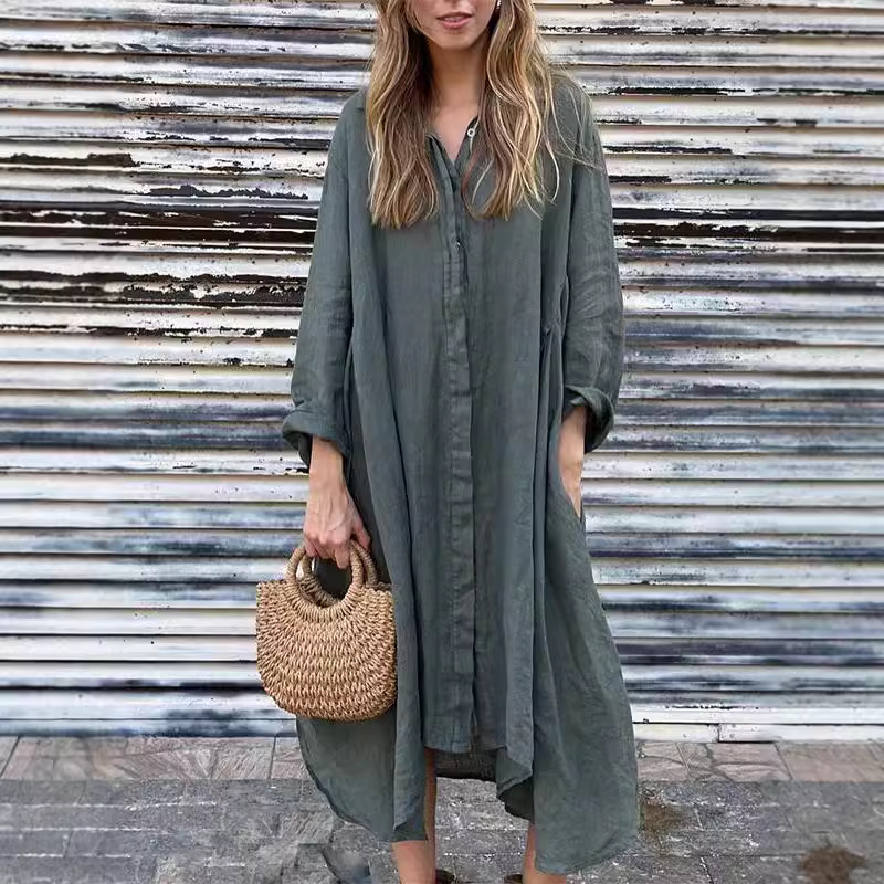 Casual Loose Linen Shirt Dress - 가을용 솔리드 리넨 긴소매 셔츠드레스 여성용