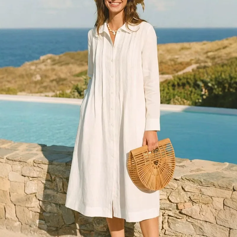 Casual Loose Linen Shirt Dress - 유럽풍 솔리드 롱 드레스 루즈 캐주얼