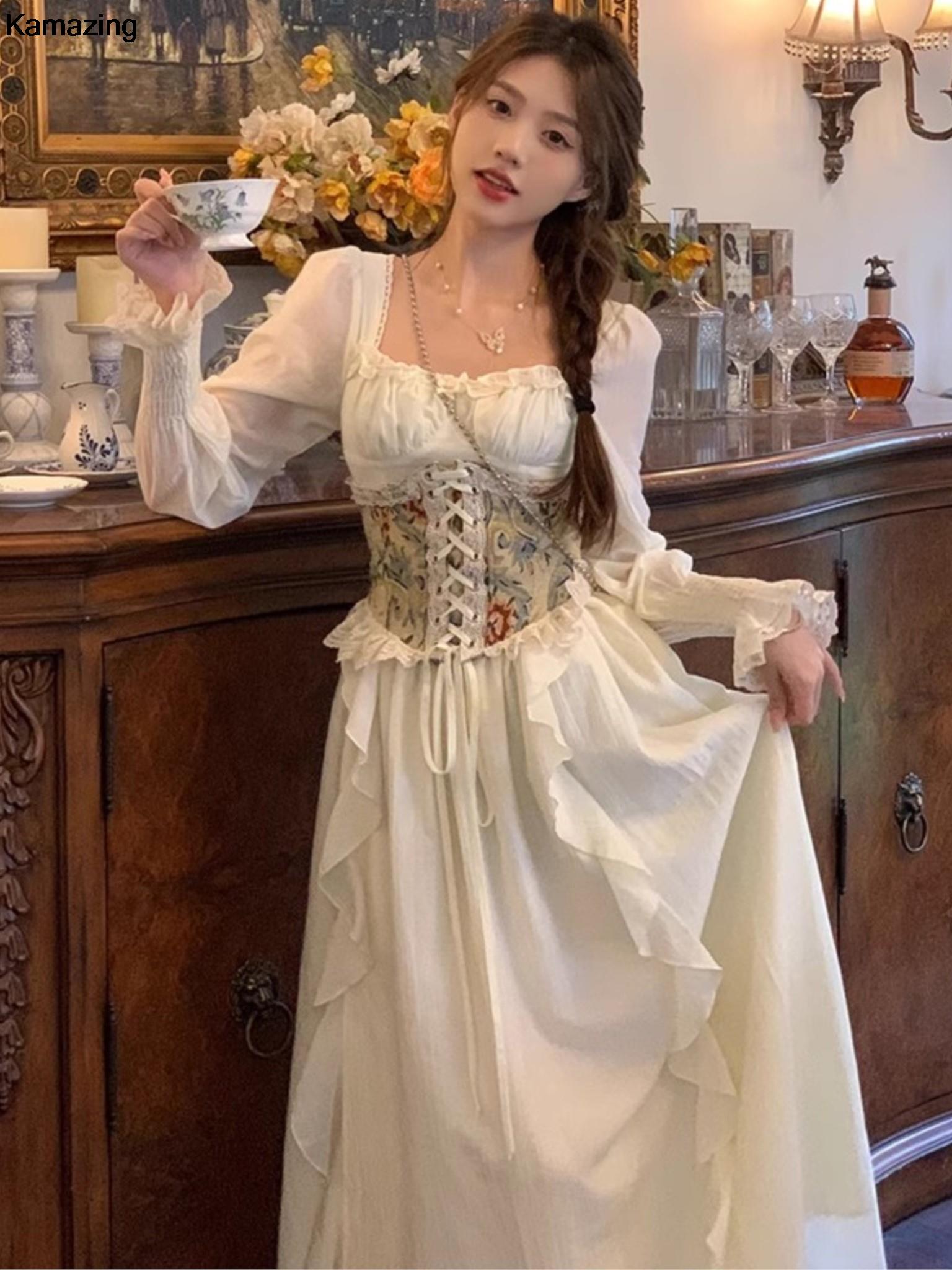 French Vintage Floral Midi Dress - 여성용 빈티지 프랑스 코르셋 미디 원피스,