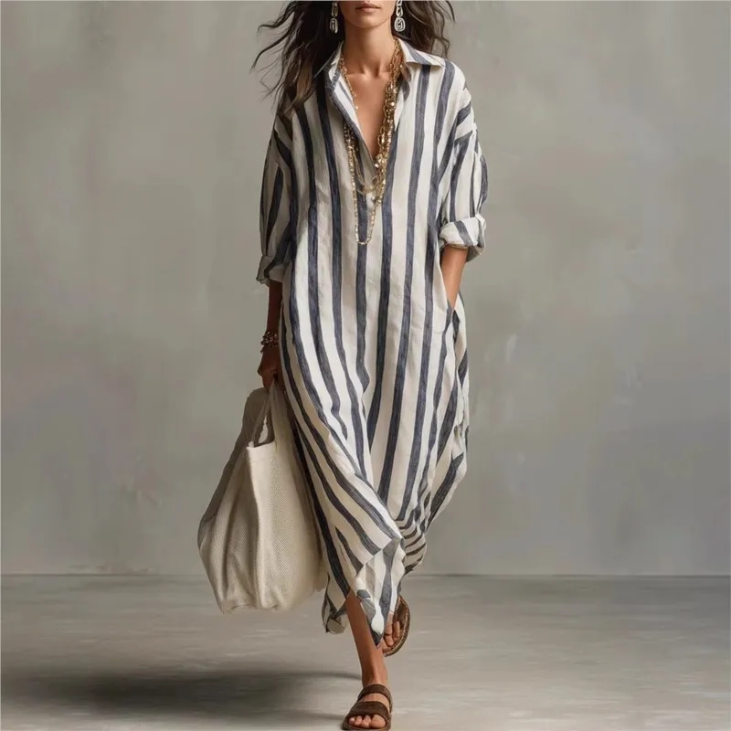 Casual Loose Linen Shirt Dress - 우아한 턴다운 칼라 린넨 롱 드레스
