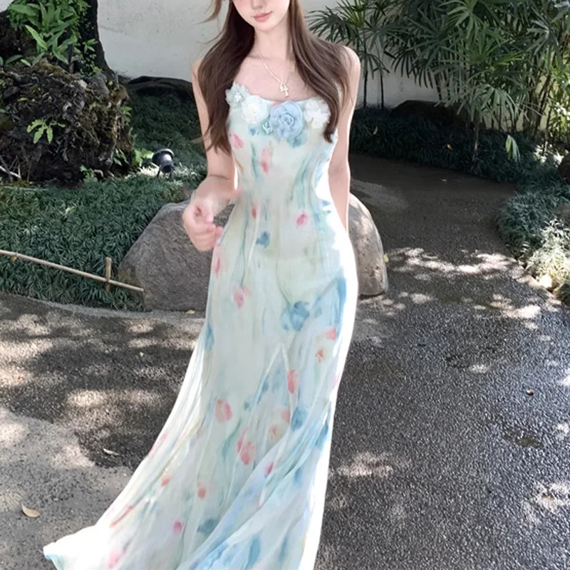 French Vintage Floral Midi Dress - 카와이 스위트 Y2k 일본 미디 드레스