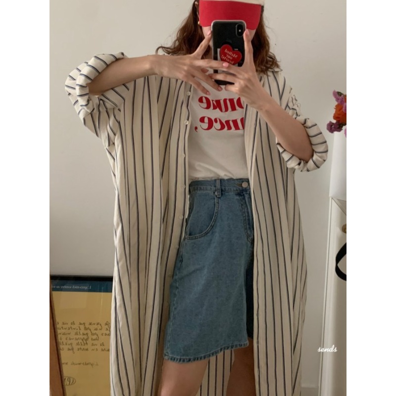 Korean Style A Line Shirt Dress - 한국 미니멀리스트 루즈 칼라 스트라이프 레이지