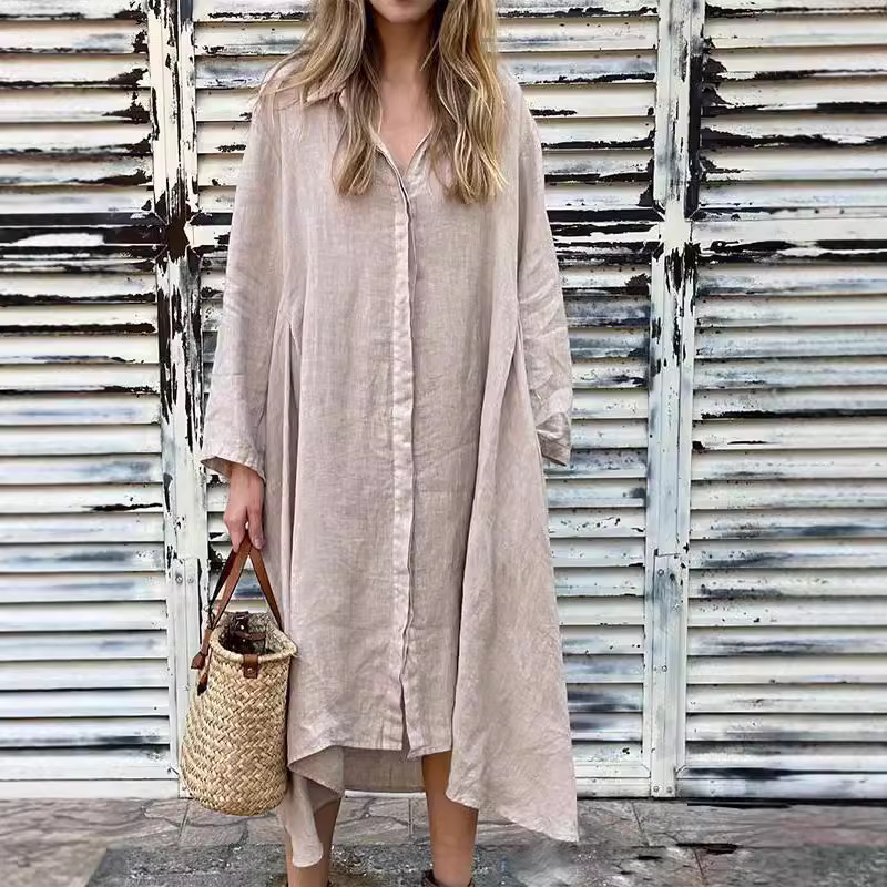 가을용 솔리드 리넨 긴소매 셔츠드레스 여성용 루즈 캐주 - Casual Loose Linen Shirt Dress 리뷰 및 가격