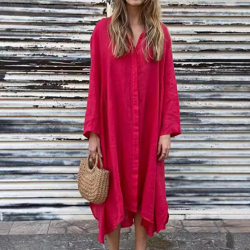 가을용 솔리드 리넨 긴소매 셔츠드레스 여성용 루즈 캐주 - Casual Loose Linen Shirt Dress 리뷰 및 가격