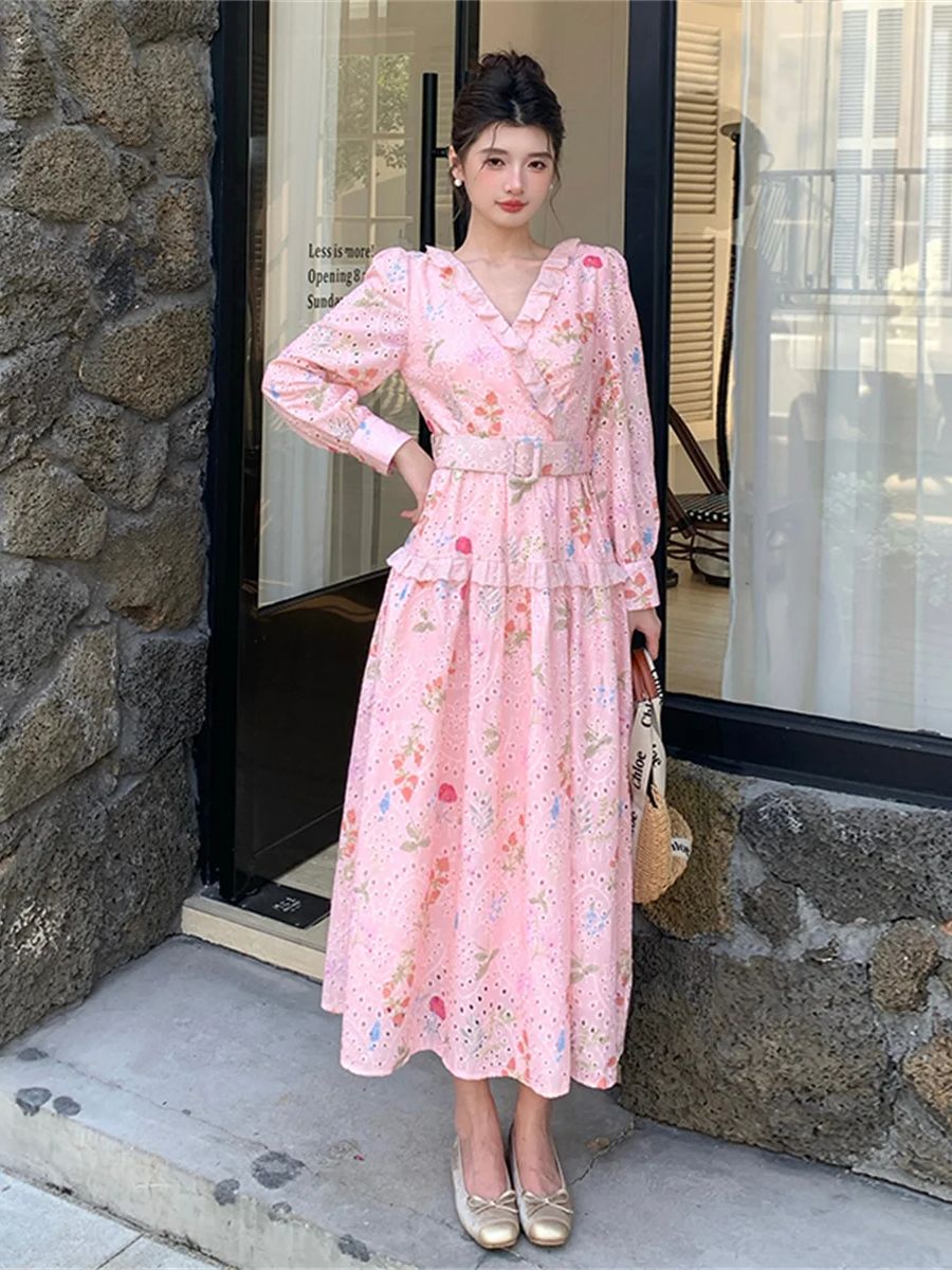 프랑스 로맨틱 스타일 랜턴 슬리브 플로럴 프린트 미디  - French Vintage Floral Midi Dress 리뷰 및 가격