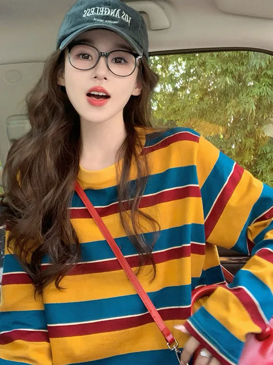 여성용 컬러 블록 스트라이프 긴팔 티셔츠, 둥근 네크라 - Blouses 리뷰 및 가격