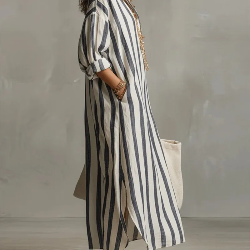 우아한 턴다운 칼라 린넨 롱 드레스 트렌디 캐주얼 루즈 - Casual Loose Linen Shirt Dress 리뷰 및 가격