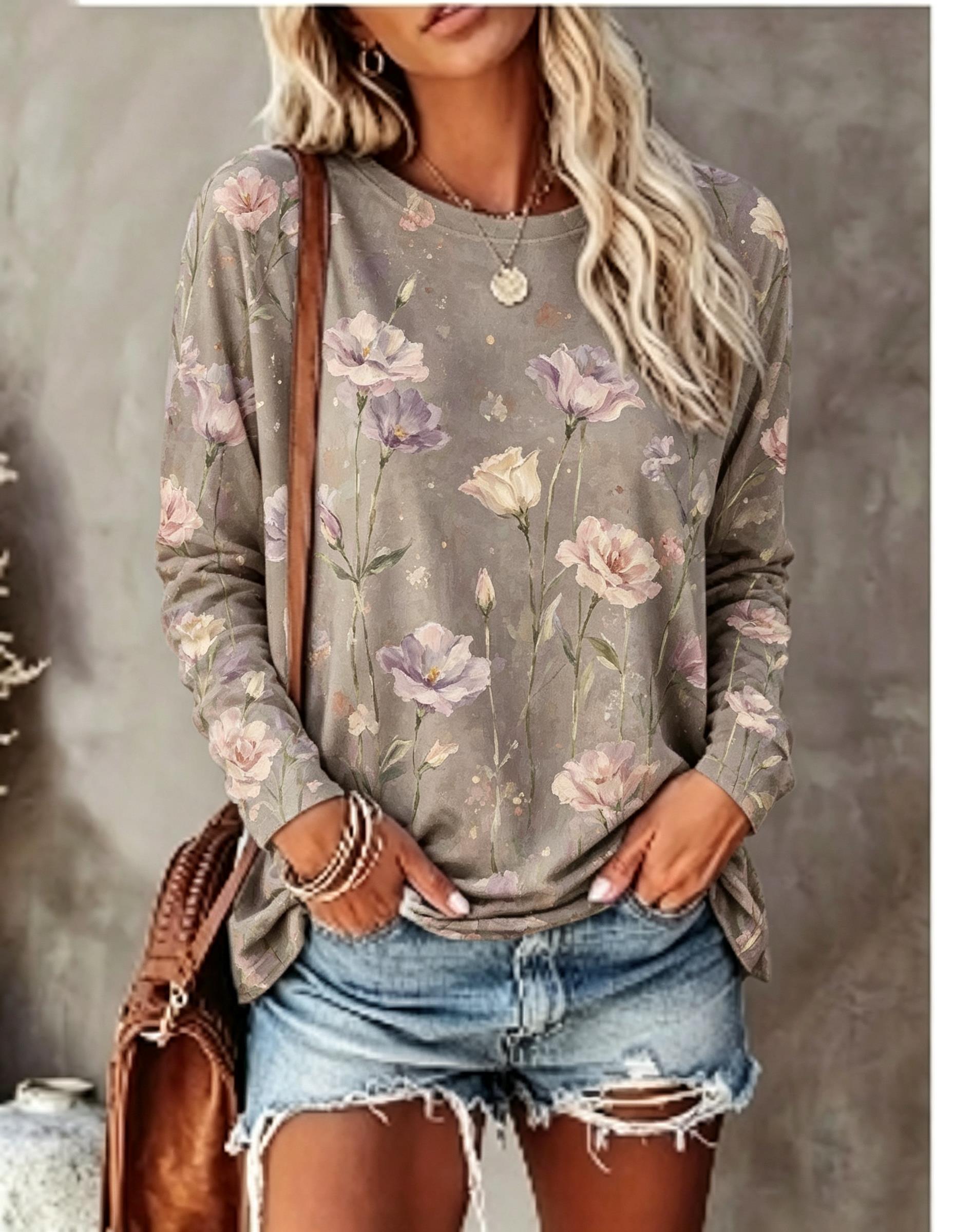 여성용 긴소매 티셔츠 유화 아이리스 플로럴 빈티지 아트 - Blouses 리뷰 및 가격