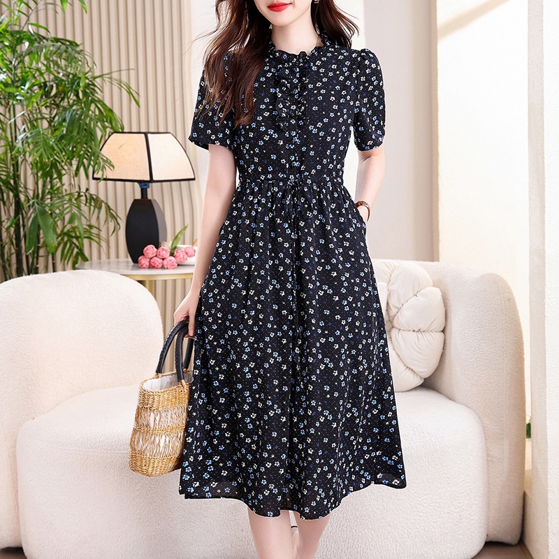 빈티지 네이비 블루 플로럴 프린트 미디 드레스 러플 V - French Vintage Floral Midi Dress 리뷰 및 가격